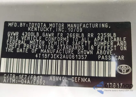 2010 Toyota Camry z USA, uszkodzony, nr VIN 4T1BF3EK2AU061357